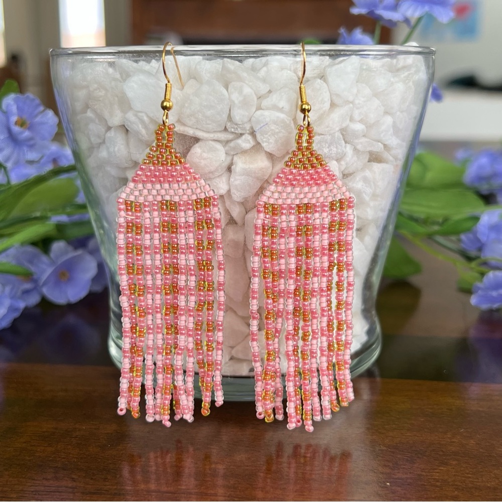 Fringe Beaded‎ Earrings Bohemian Pink Brown Plaid Seed Bead Earrings Handmade